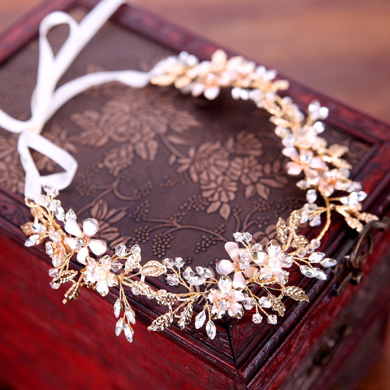 Floral Handmade Crystal & Pearl Wedding Hair Vine