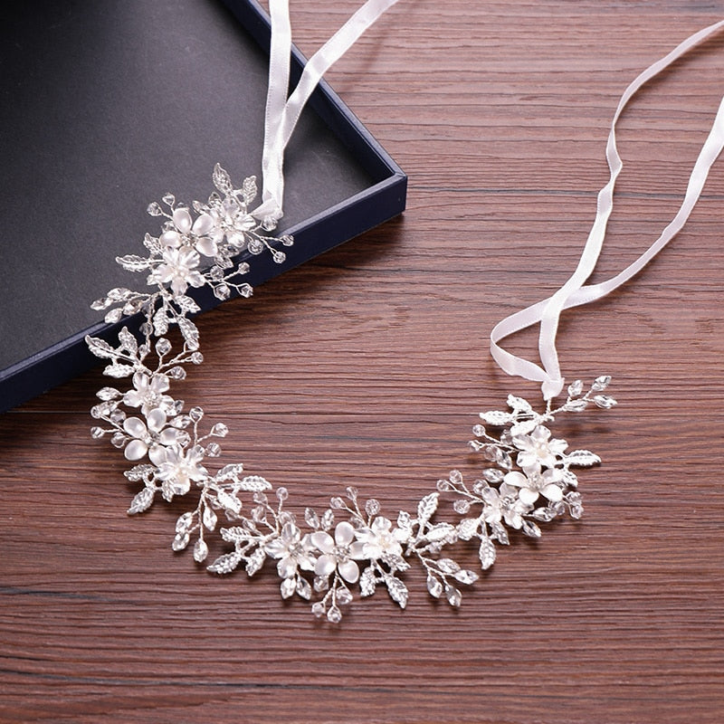 Floral Handmade Crystal & Pearl Wedding Hair Vine