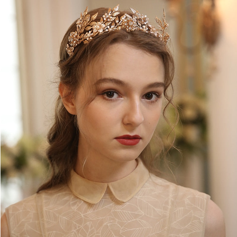 antique Gold Floral Wedding Hair Crown Headband