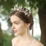 Gold Crystal & Pearl Bridal Tiara with Earrings