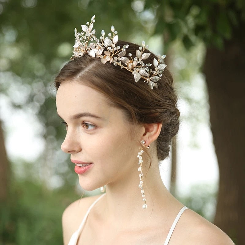 Gold Crystal & Pearl Bridal Tiara with Earrings