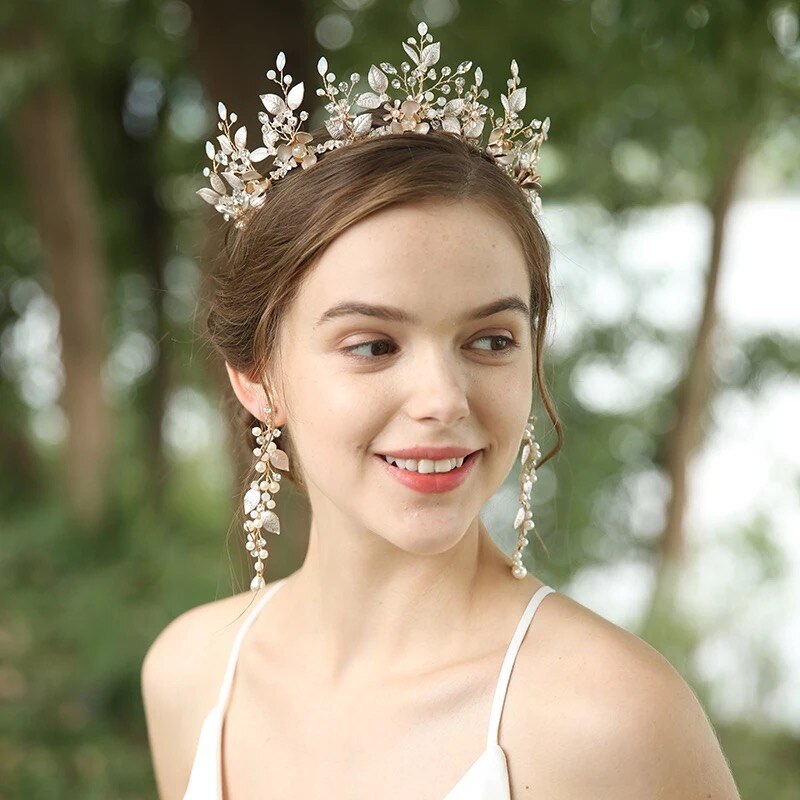 Gold Crystal & Pearl Bridal Tiara with Earrings