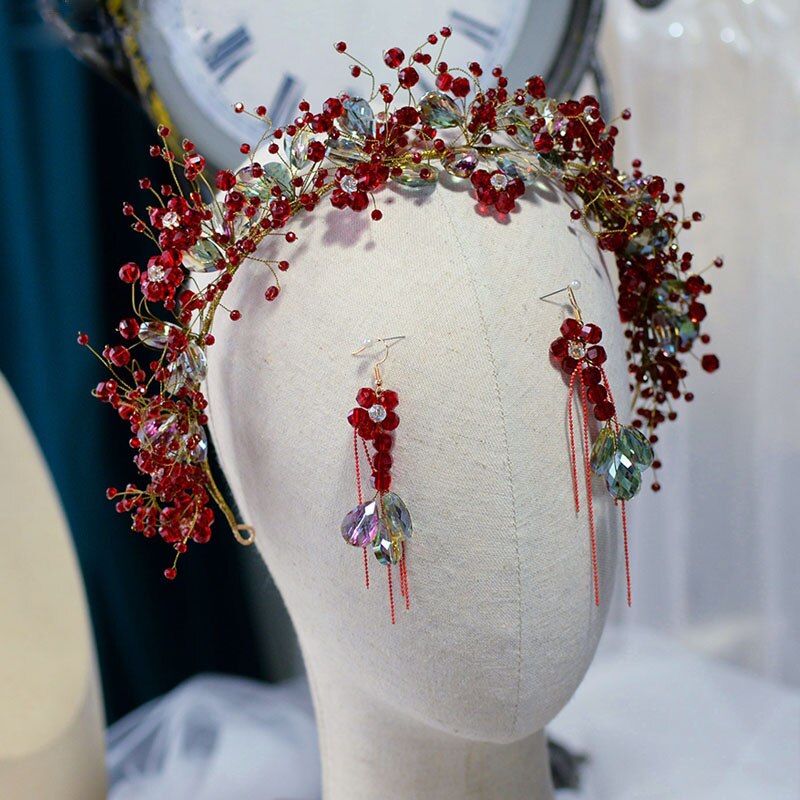Kate Red Wedding Hairpiece & Earrings Set