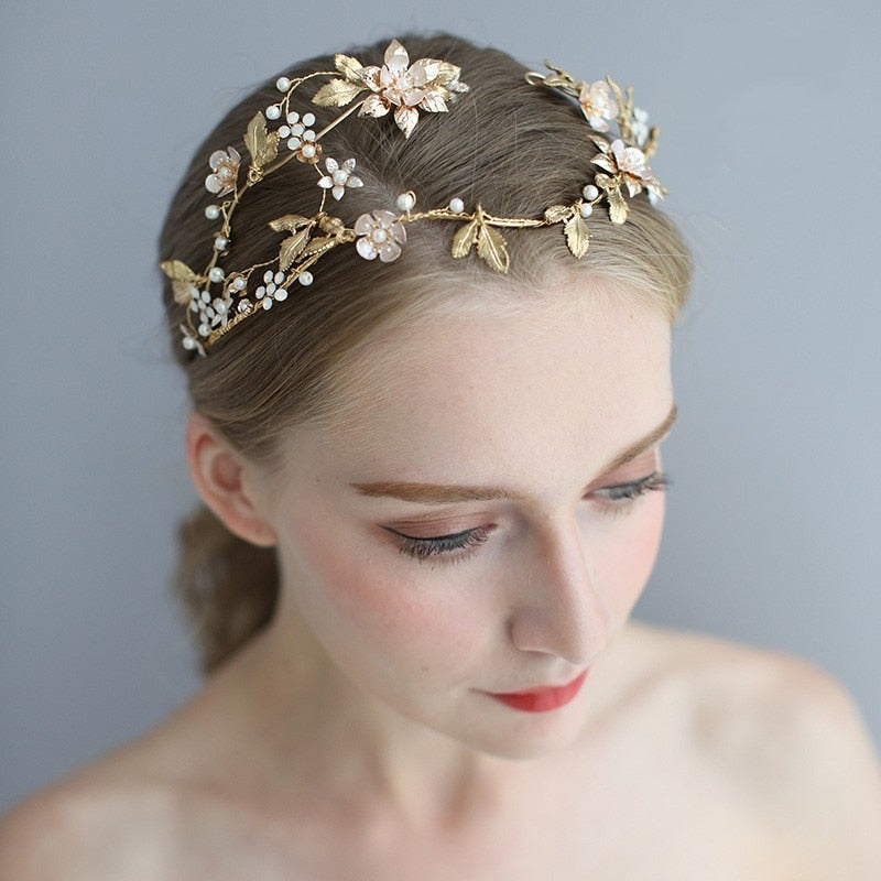 Gold Leaves Vintage Pearl Headpiece - Wedding Hair piece for brides