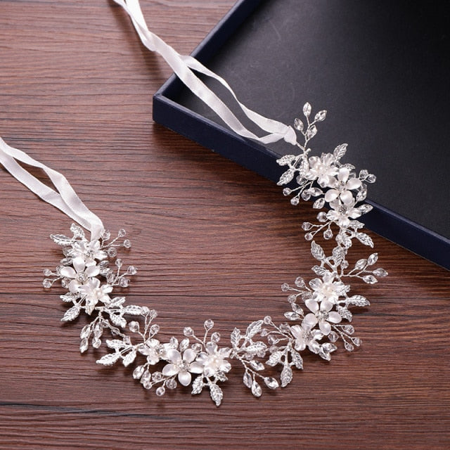 Floral Handmade Crystal & Pearl Wedding Hair Vine 