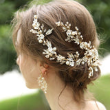 gold Floral crystal & pearl hair vine wedding accessories for bride