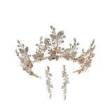Gold Crystal & Pearl Bridal Tiara with Earrings